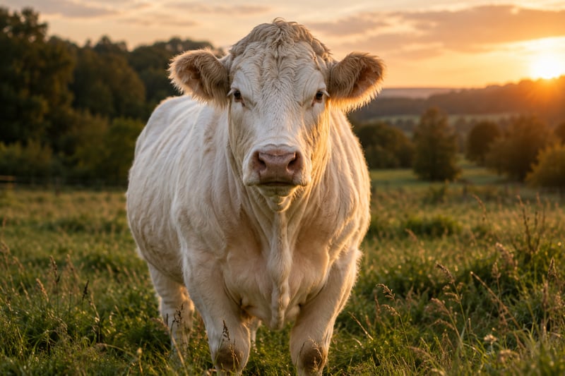Cremeweißes Charolais-Rind auf einer Weide