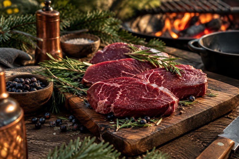 Rohe Damwild-Steaks mit Wacholder und Rosmarin auf einem Holzbrett