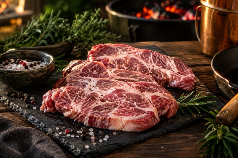 Rohe Nackensteaks vom Duroc-Schwein mit feiner Marmorierung auf dunklem Schiefer