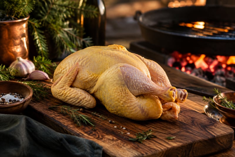 Rohes ganzes Freilandhähnchen auf Holzbrett