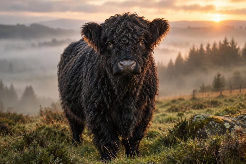 Schwarzes Galloway-Rind mit zottigem Fell auf einer Weide