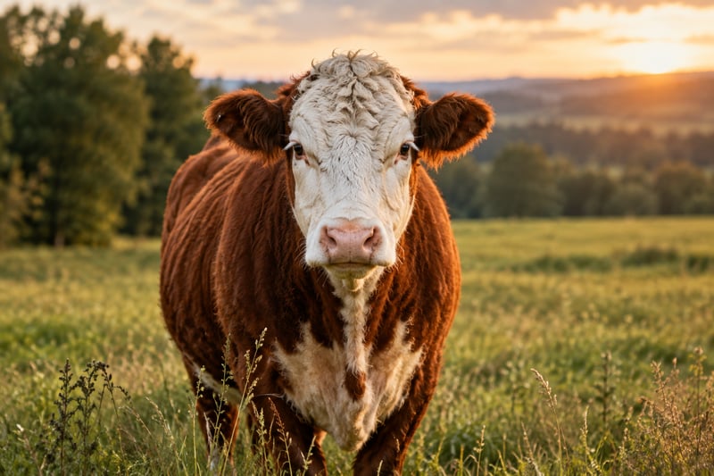Rotbraunes Hereford-Rind mit weißem Kopf auf einer Weide