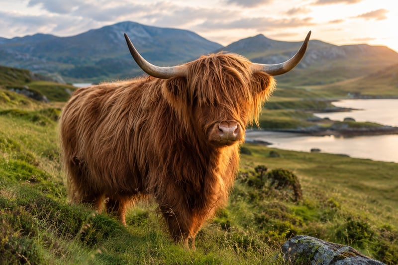 Zotteliges rotbraunes Highland-Rind mit langen Hörnern auf einer Weide