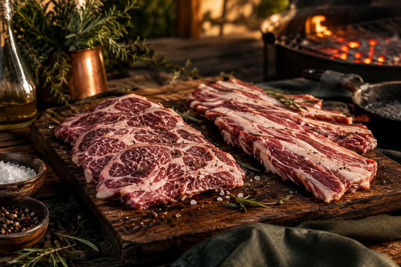 Rohe Presa und Secreto vom Ibérico-Schwein mit sichtbarer Marmorierung auf Holzbrett