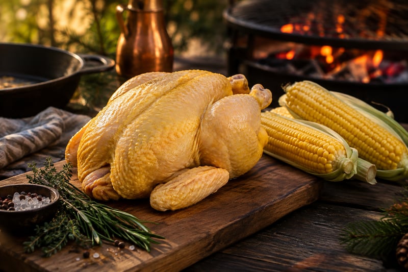 Rohes ganzes Maishähnchen mit gelblicher Haut und Maiskolben auf Holzbrett