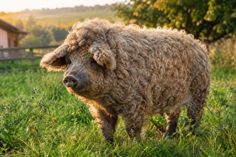 Mangalica-Wollschwein mit lockigem Fell auf einer Weide