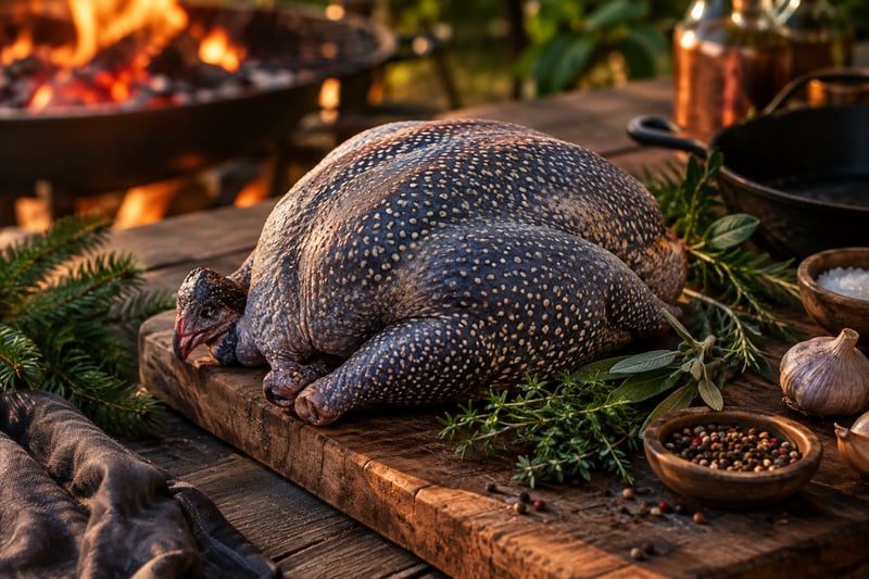 Rohes ganzes Perlhuhn mit Kräutern auf Holzbrett