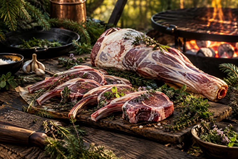 Rohe Lammkoteletts und Lammkeule vom Rhönschaf auf Holz mit Wildkräutern