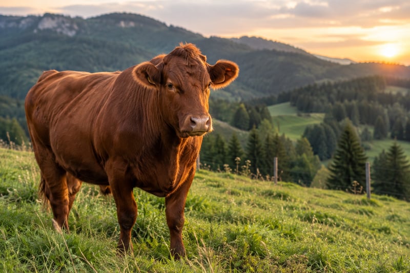 Rotbraunes Rotes Höhenvieh auf einer Mittelgebirgsweide