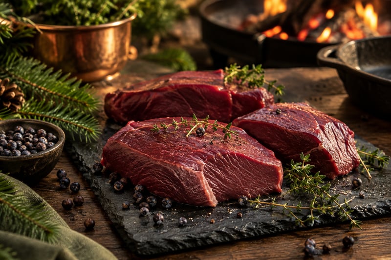Rohe Rotwild-Steaks aus dem Rücken mit Thymian und Wacholderbeeren auf Schiefer