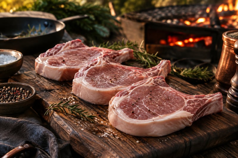 Rohe Schweinekoteletts mit Fettrand auf einem Holzbrett