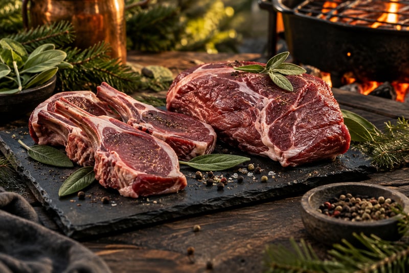 Rohe Wildschweinkoteletts mit Salbei und Pfeffer auf Schiefer