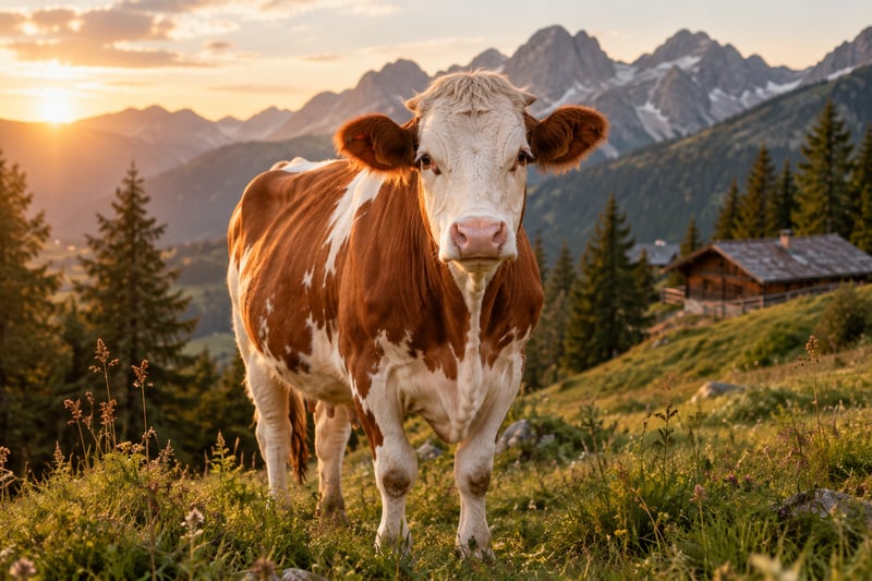 Gelbbraun-weiß geflecktes Simmentaler Rind auf einer Almwiese
