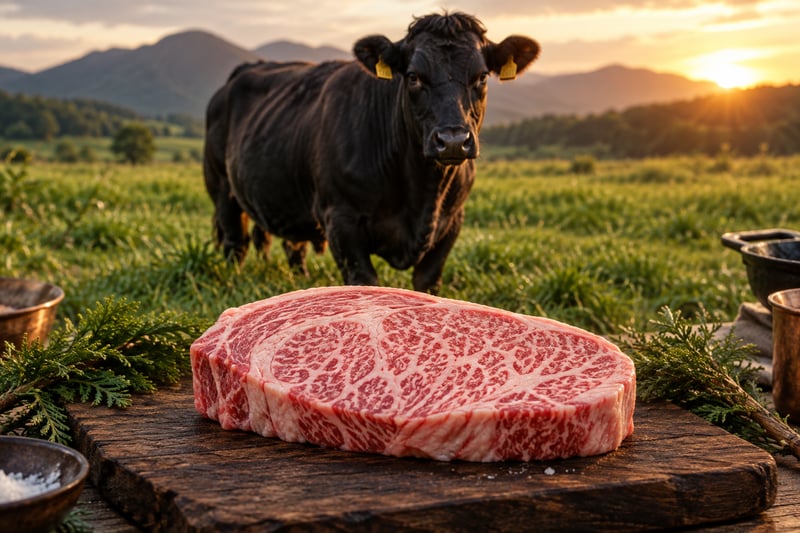 Rohes, stark marmoriertes Wagyu-Ribeye auf einem Holzbrett