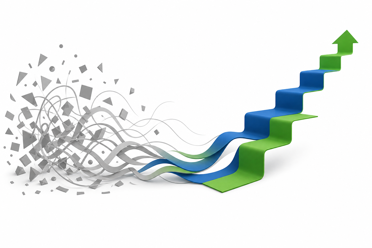 Abstrakte Illustration: graues Durcheinander wird zu einer klaren blau-grünen Treppe nach oben, Symbolbild für einen gelungenen Einstieg im neuen Job