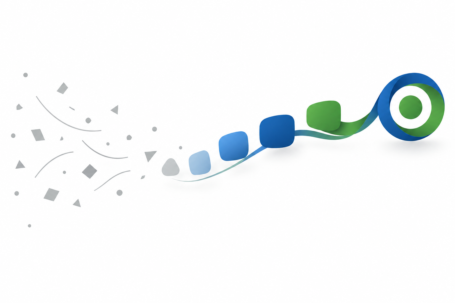 Abstrakte Illustration: links graues Chaos aus Linien und Blöcken, rechts geordnete blau-grüne Bänder in einer klaren Abfolge, Symbolbild für den strukturierten Ablauf eines Assessment Centers