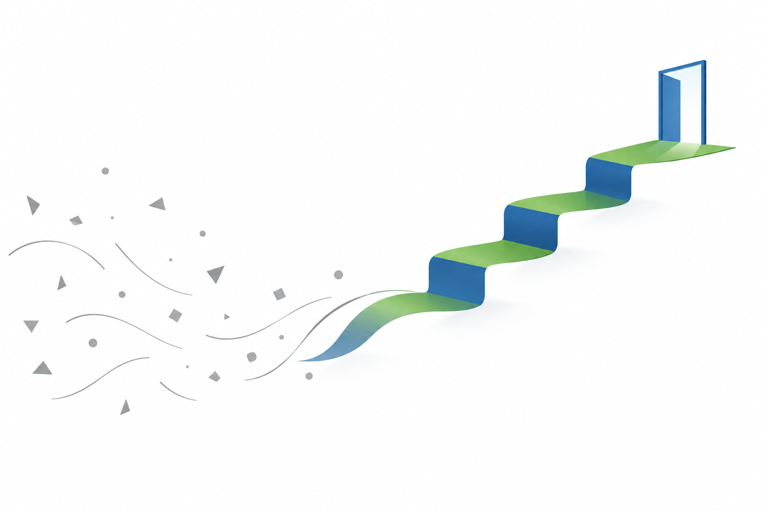 Abstrakte Illustration: graue Fragmente werden zu einer Treppe aus Bändern in Blau und Grün, die zu einer offenen Tür führt, Symbolbild für die nächste Karrierestufe