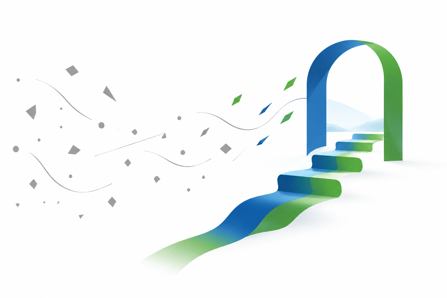Abstrakte Illustration: links graue, ungeordnete Linien, rechts geordnete blau-grüne Bänder, die in drei Stufen nach oben führen, Symbolbild für den Berufseinstieg nach dem Studium