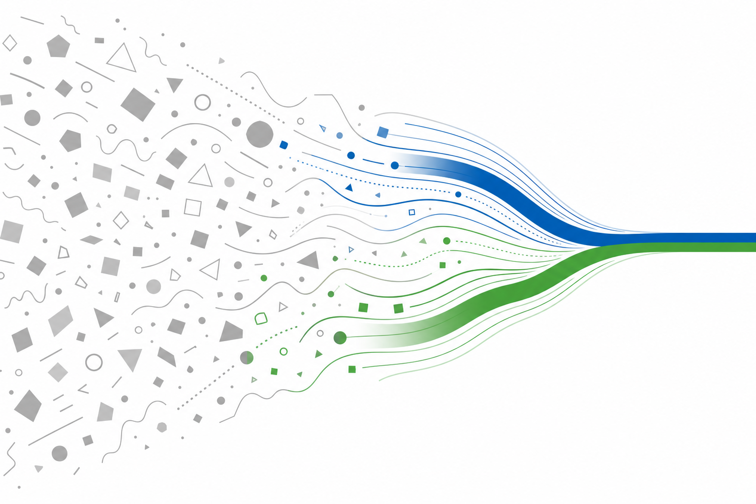 Abstrakte Illustration: graues Durcheinander links löst sich auf und formt rechts zwei zusammenlaufende blau-grüne Wege, Symbolbild für die Bewerbung auf Englisch