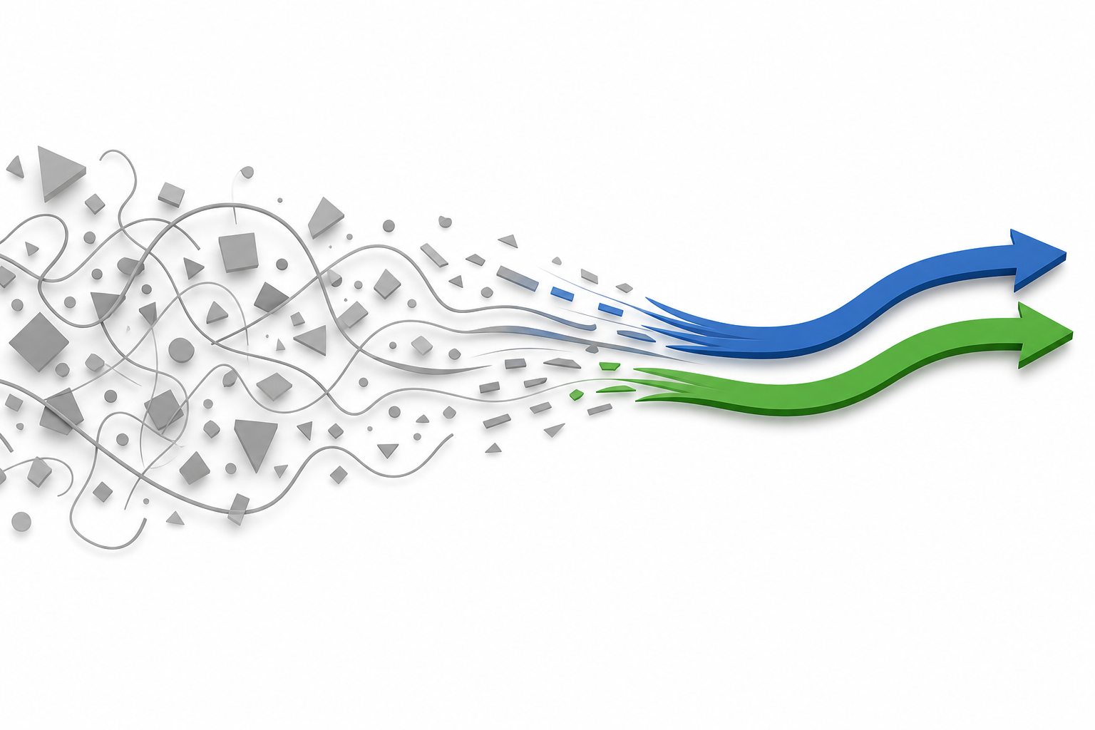 Abstrakte Illustration: aus grauer Unklarheit entstehen zwei parallele blaue und grüne Wege, Symbolbild für die Wahl zwischen Bewerbungscoaching und Karrierecoaching