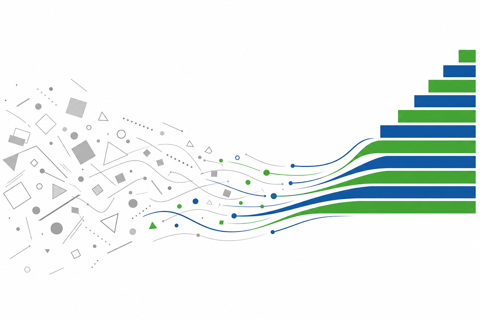 Abstrakte Illustration: graues Durcheinander links löst sich auf und formt rechts ansteigende blau-grüne Balken, Symbolbild für den Elevator Pitch