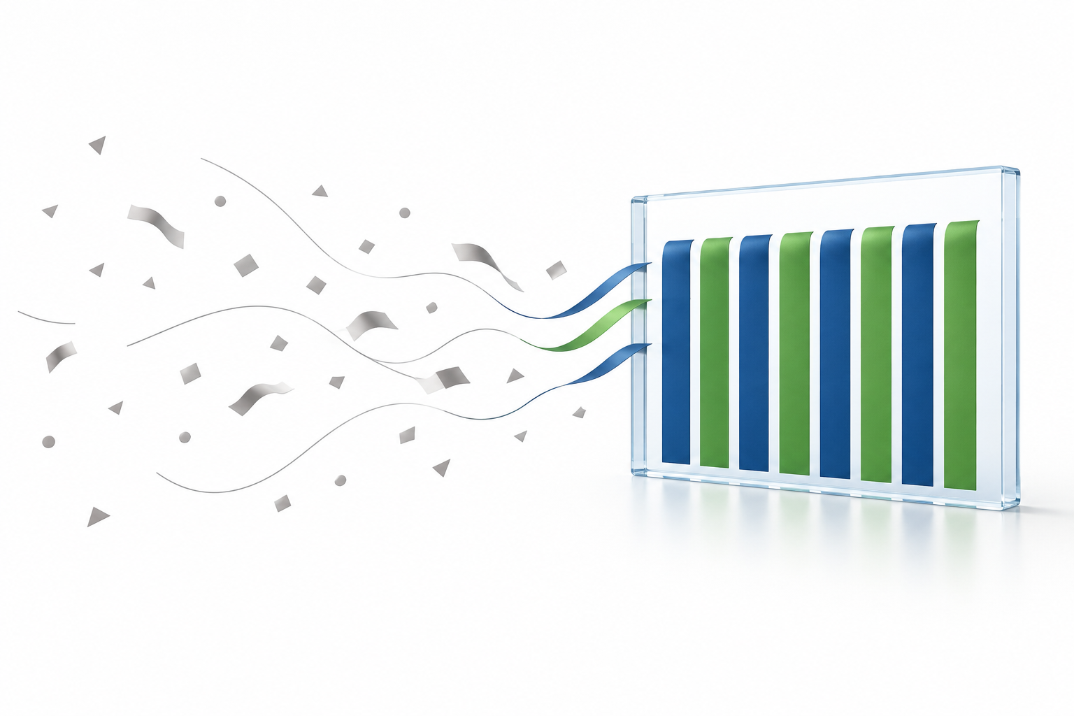 Abstrakte Illustration: links verstreute graue Formen, rechts gleich hohe blau-grüne Balken hinter einer gläsernen Scheibe, Symbolbild für Entgelttransparenz