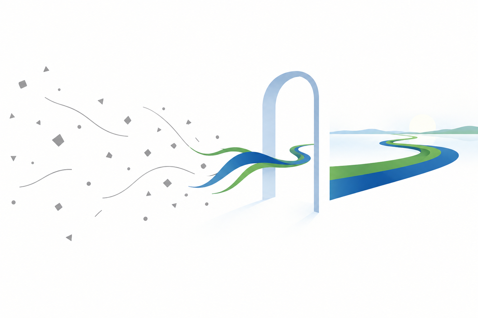 Abstrakte Illustration: graue Formen werden zu einem blau-grünen Band, das durch einen offenen Torbogen zum Horizont führt, Symbolbild für die Zeit der Freistellung