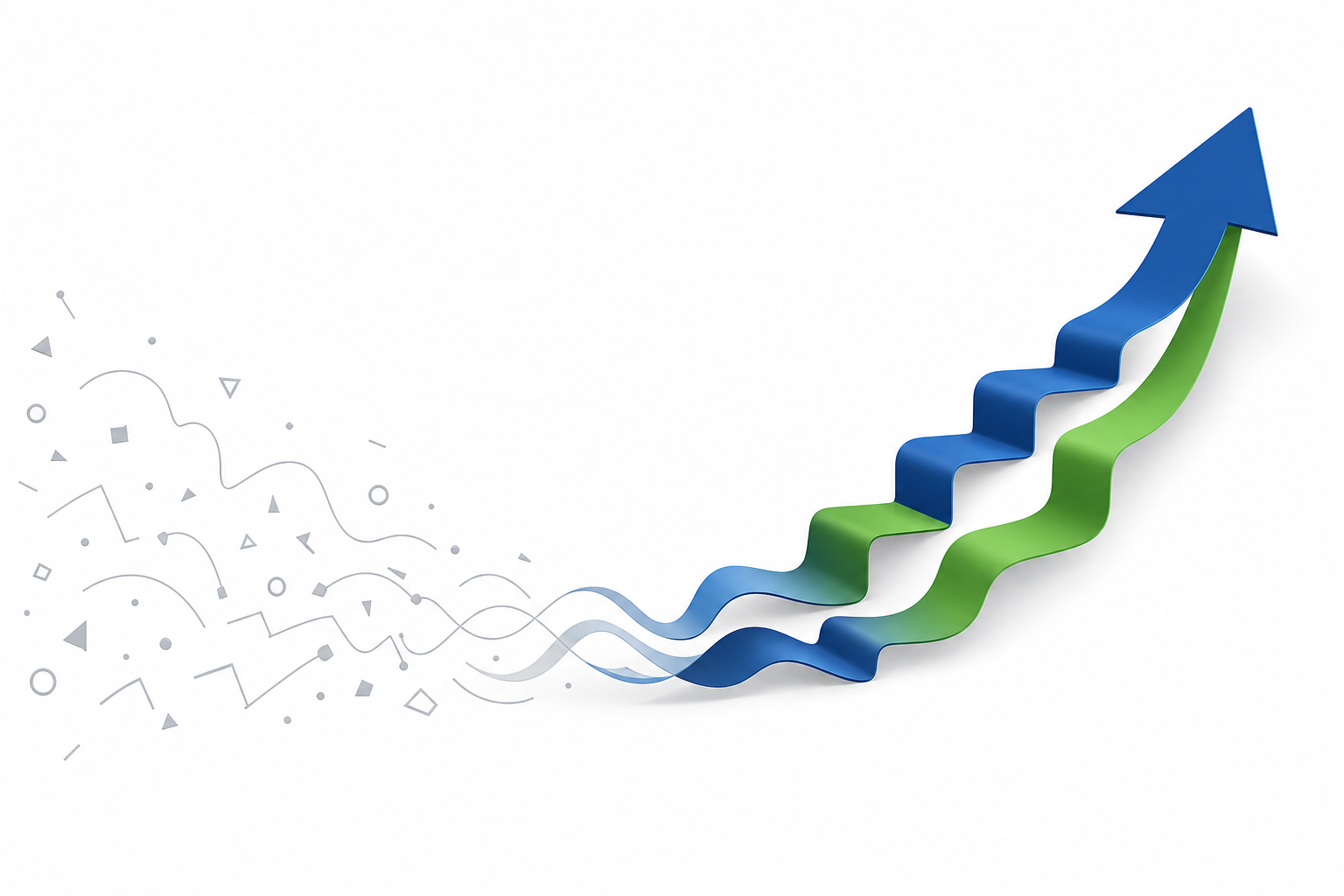 Abstrakte Illustration: graues Durcheinander links löst sich auf, rechts formt sich aus blau-grünen Bändern eine aufsteigende Treppe mit einer hervorgehobenen grünen Stufe, Symbolbild für den ersten Schritt in eine Führungsposition