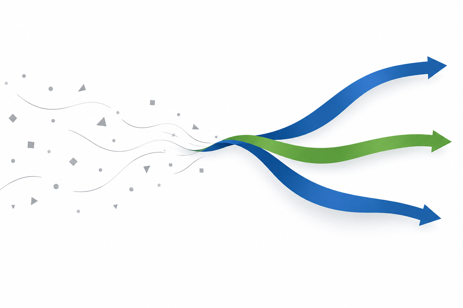 Abstrakte Illustration: links verstreute graue Formen, rechts drei blau-grüne Bänder, die von einem gemeinsamen Punkt in verschiedene Richtungen führen, Symbolbild für unterschiedliche Führungsstile