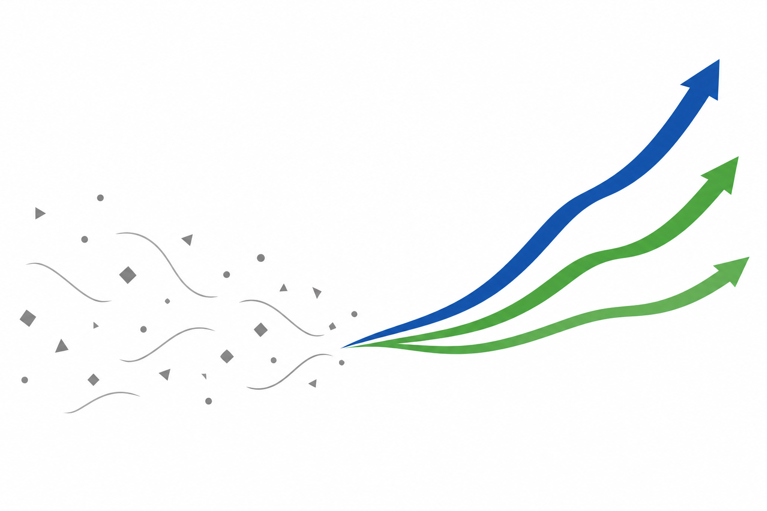 Abstrakte Illustration: verstreute graue Formen links gehen in drei blau-grüne Pfeile über, die unterschiedlich steil ansteigen, Symbolbild für verschiedene Gehaltsentwicklungen