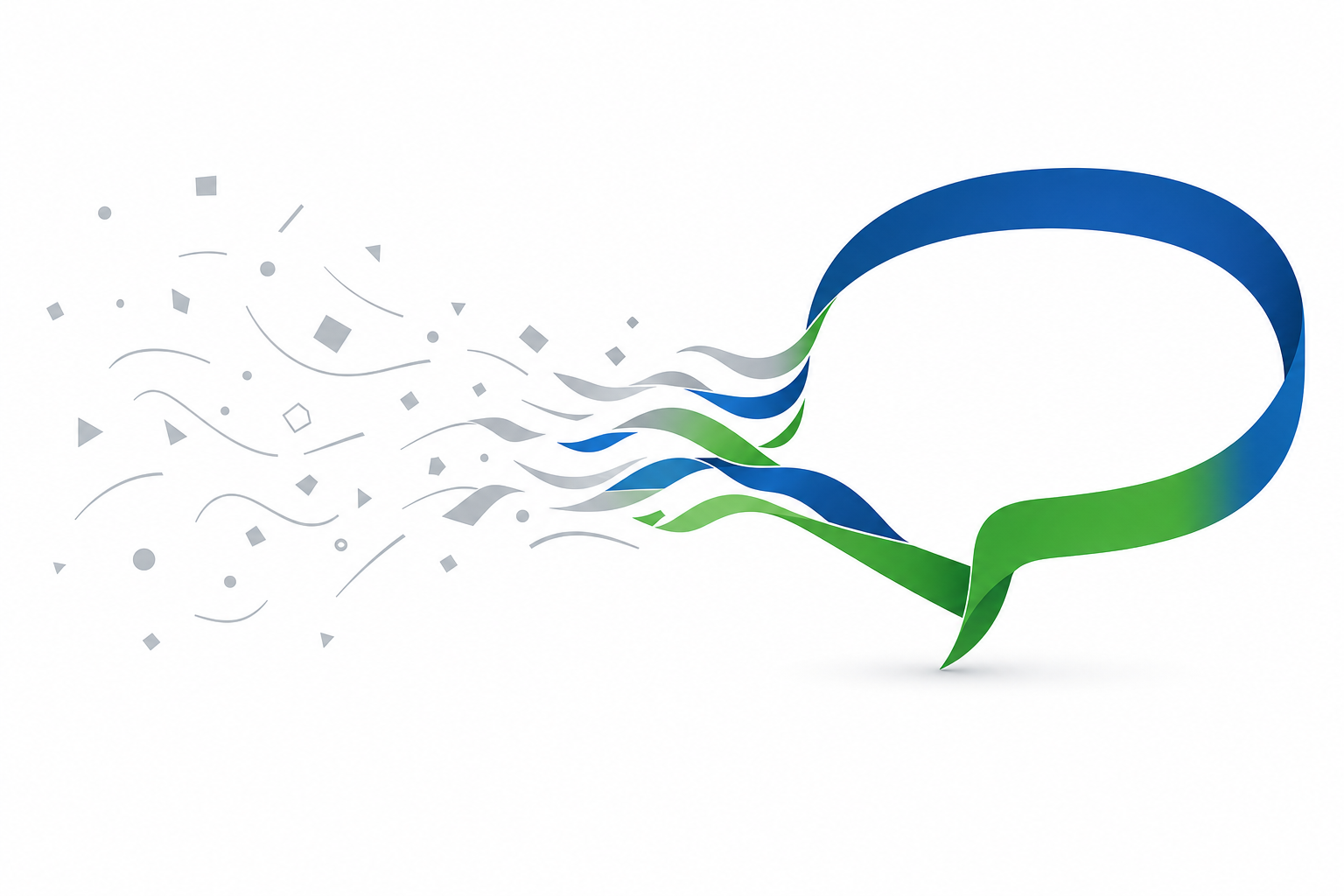 Abstrakte Illustration: graues Durcheinander links löst sich auf, rechts formt sich aus verstreuten Punkten eine klare blau-grüne Verbindung, Symbolbild für ausbleibende Rückmeldung im Bewerbungsprozess