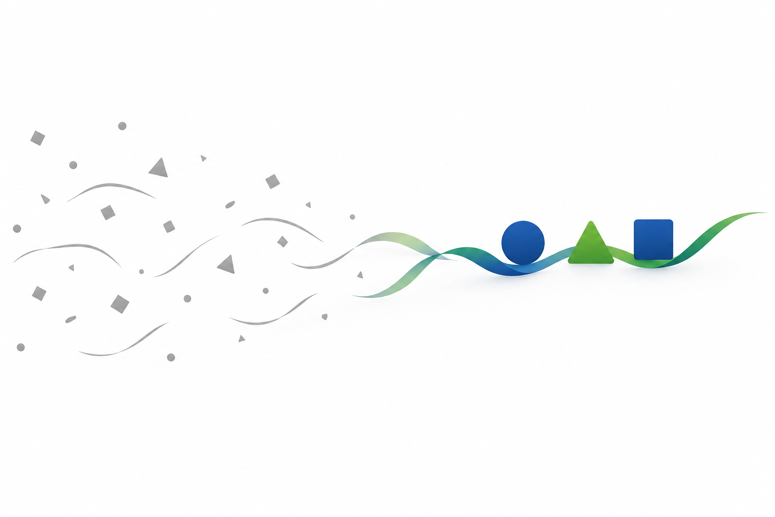 Abstrakte Illustration: graue Formen werden zu einem blau-grünen Band mit Kreis, Dreieck und Quadrat, Symbolbild für ausgewählte Hobbys im Lebenslauf