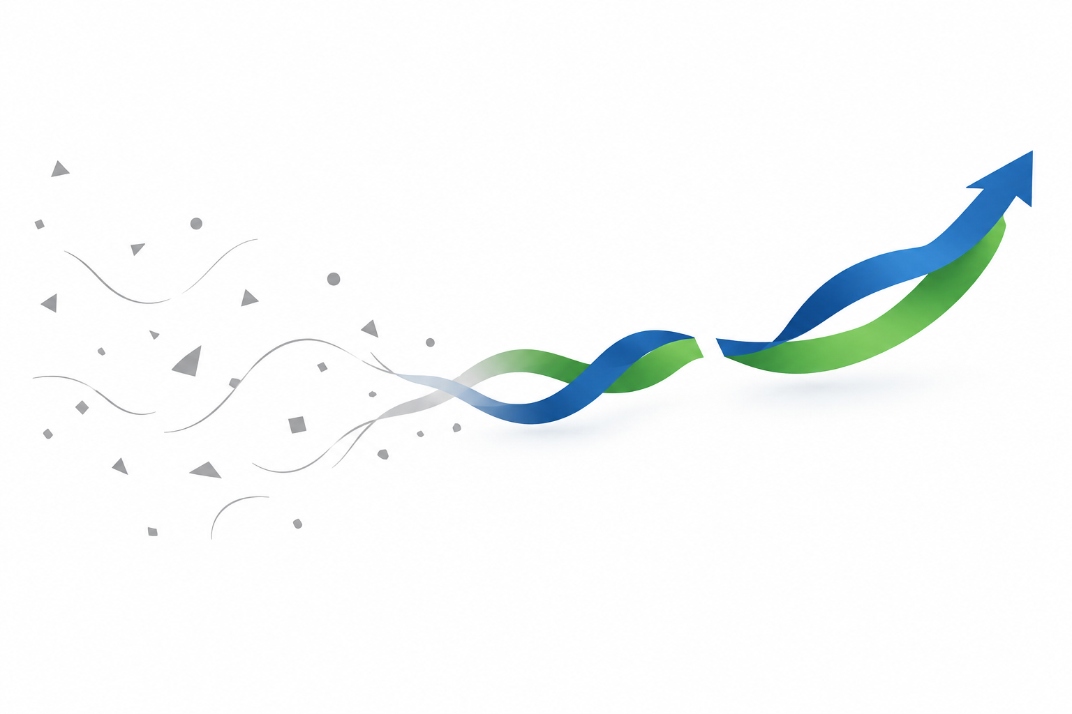 Abstrakte Illustration: links verstreute graue Fragmente, rechts ein blau-grünes Band, das nach einer kleinen Lücke kräftiger und aufsteigend weiterläuft, Symbolbild für einen Neustart nach einer Kündigung in der Probezeit