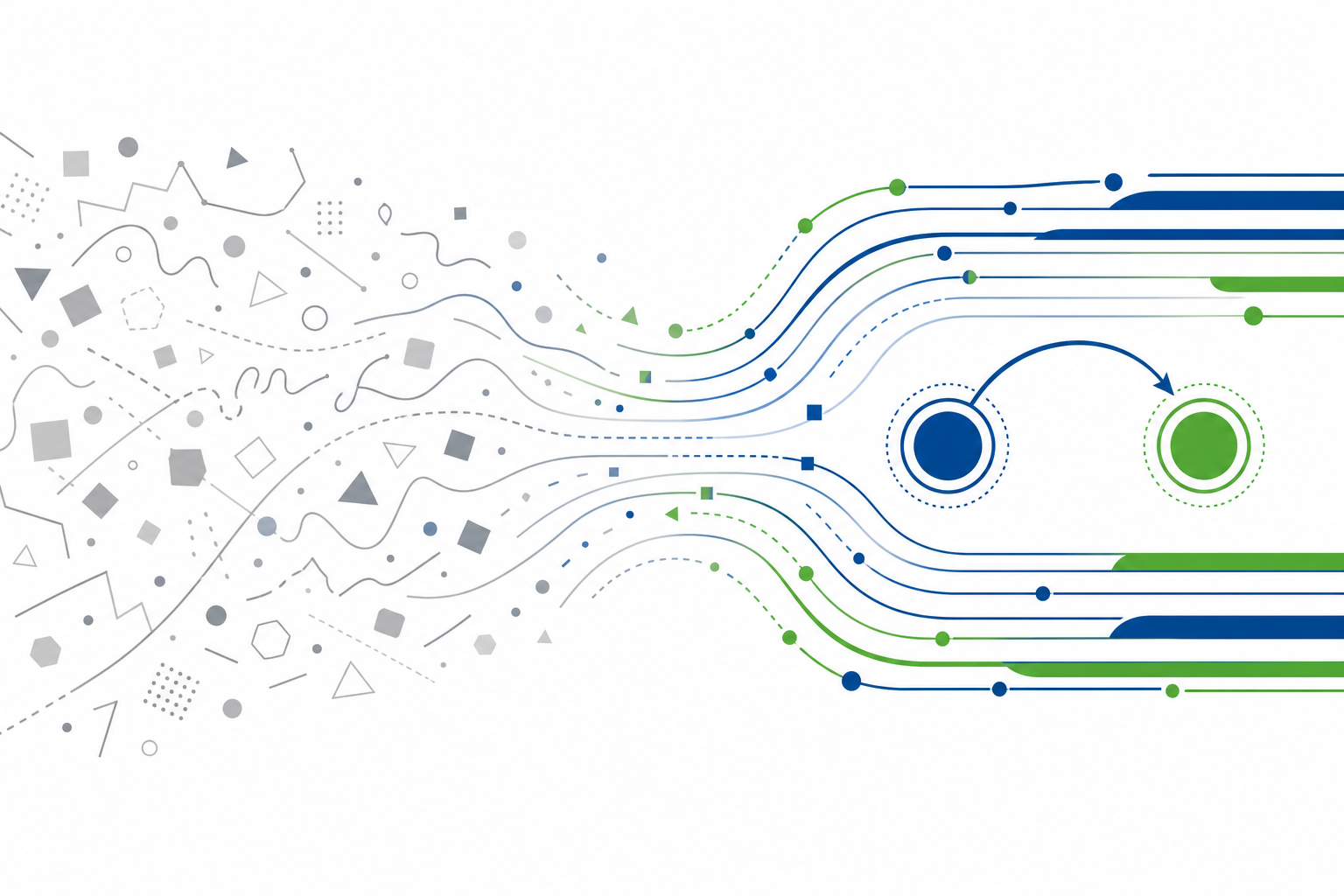Abstrakte Illustration: graues Durcheinander links löst sich auf und formt rechts zwei verbundene blau-grüne Kreise mit einem Bogen dazwischen, Symbolbild für die interne Bewerbung