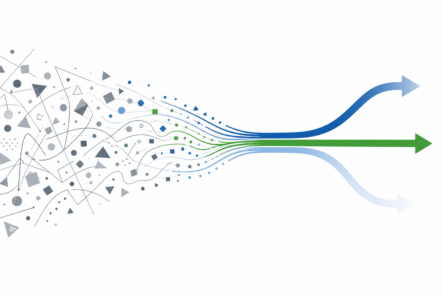 Abstrakte Illustration: graues Durcheinander links löst sich auf, ein Pfad teilt sich rechts, ein klarer grüner Weg setzt sich fort, Symbolbild für die Entscheidung, den Job zu kündigen