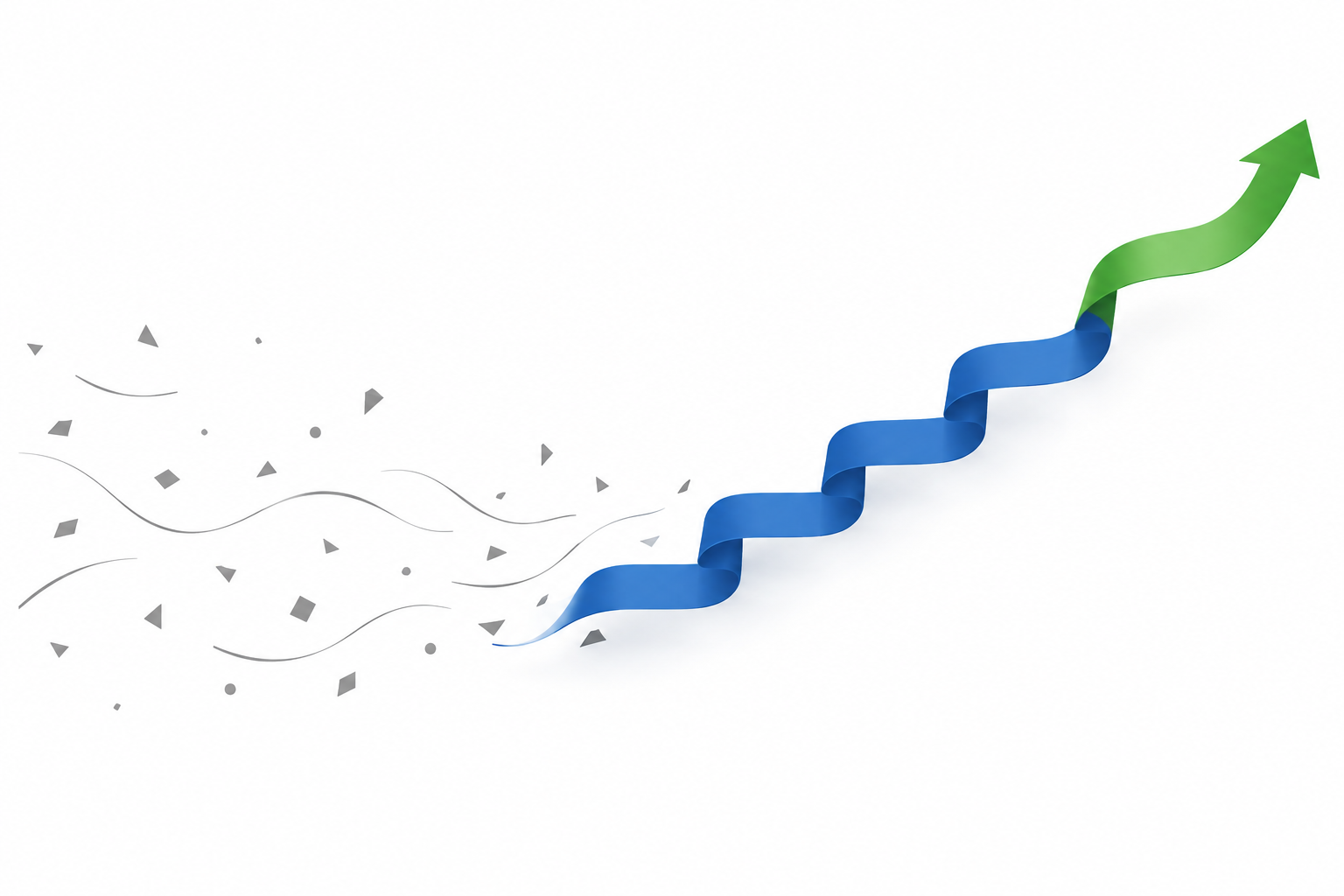 Abstrakte Illustration: graue Fragmente gehen in blaue und grüne Bänder über, die sich stufenweise nach rechts oben aufschwingen