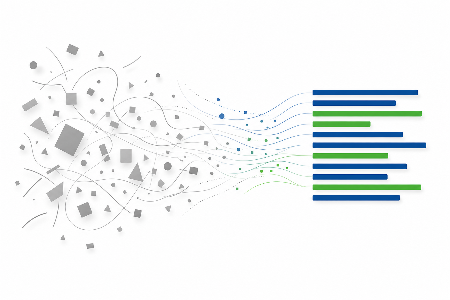 Abstrakte Illustration: aus grauem Durcheinander entstehen klar aufgereihte blau-grüne Balken, Symbolbild für einen professionell aufgebauten Lebenslauf