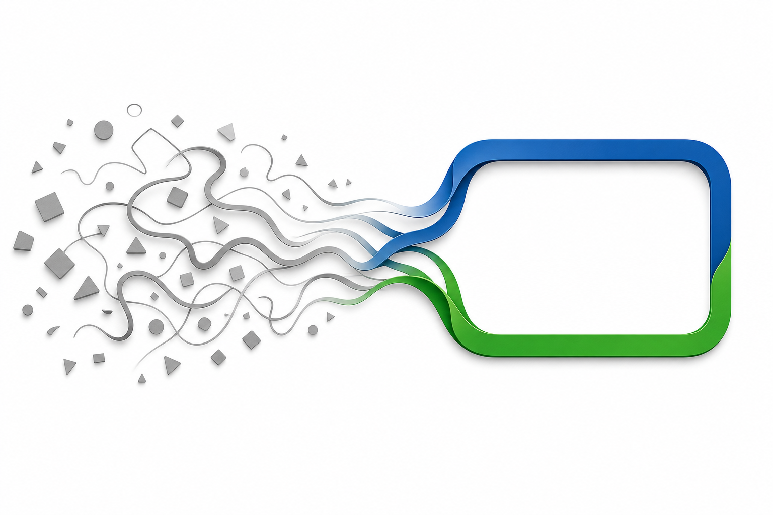 Abstrakte Illustration: graues Durcheinander wird zu einem klaren blau-grünen Profil-Rahmen-Symbol, Symbolbild für ein überzeugend aufgebautes LinkedIn-Profil