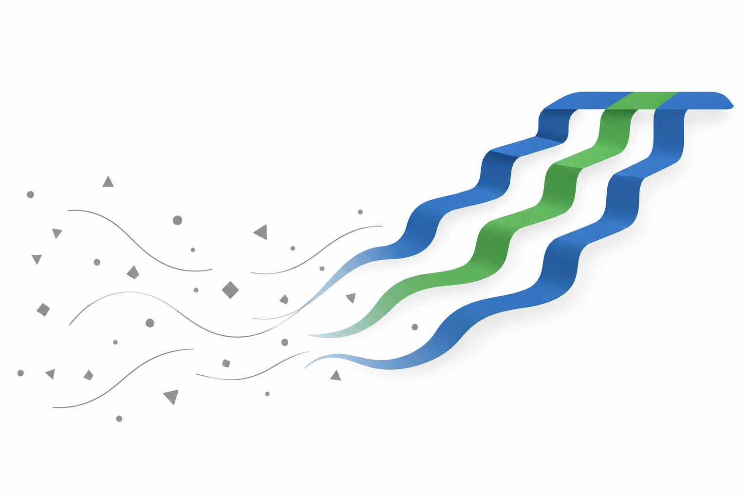 Abstrakte Illustration: links verstreute graue Formen, rechts drei blau-grüne Bänder, die als Treppen nebeneinander auf dieselbe Höhe steigen, Symbolbild für Meister, Techniker und Ingenieur