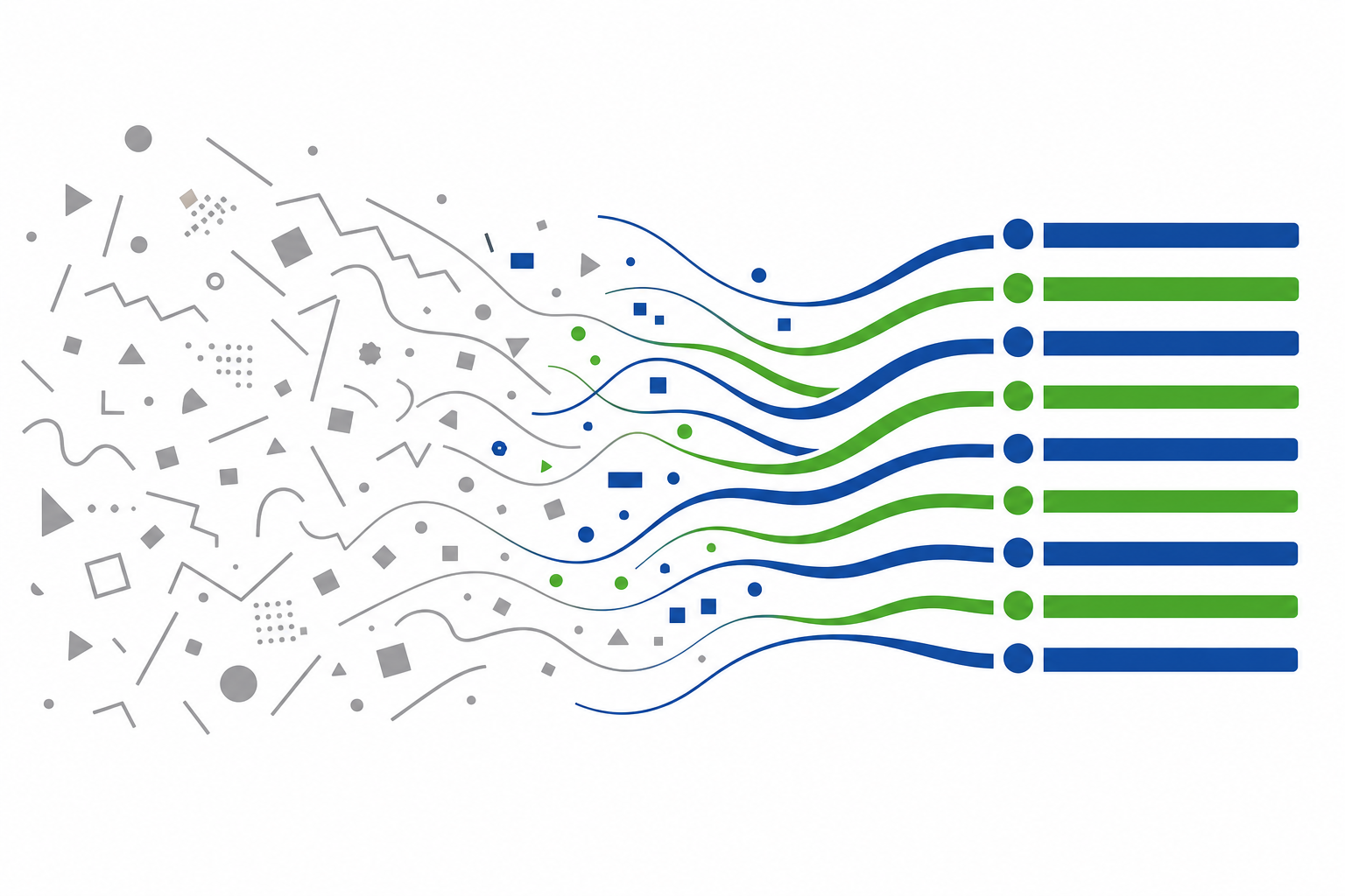 Abstrakte Illustration: graues Durcheinander links löst sich auf und formt rechts klare, geordnete blau-grüne Textzeilen, Symbolbild für das Motivationsschreiben