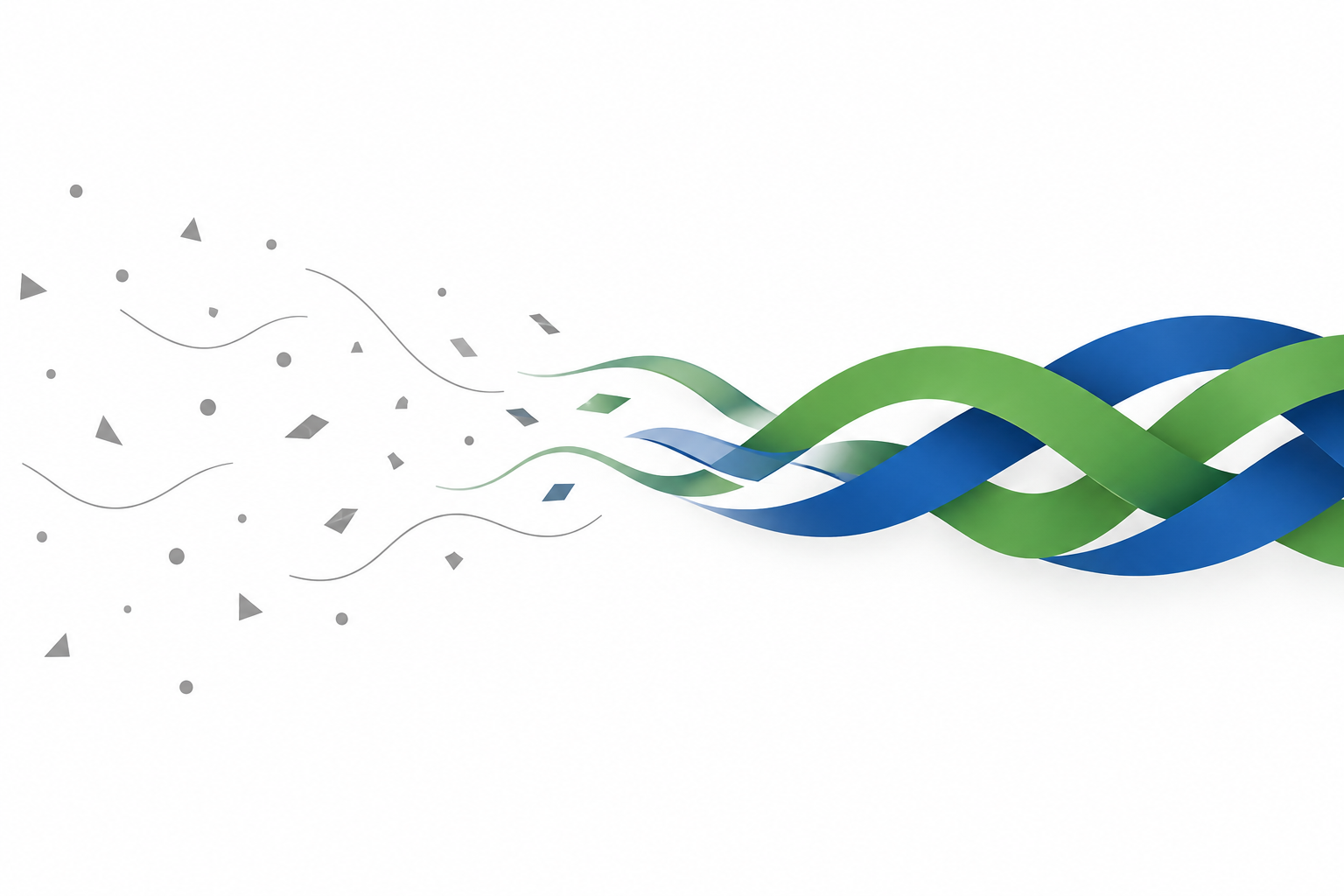 Abstrakte Illustration: graue Fragmente gehen in miteinander verbundene blaue und grüne Bänder über, Symbolbild für Zusammenarbeit