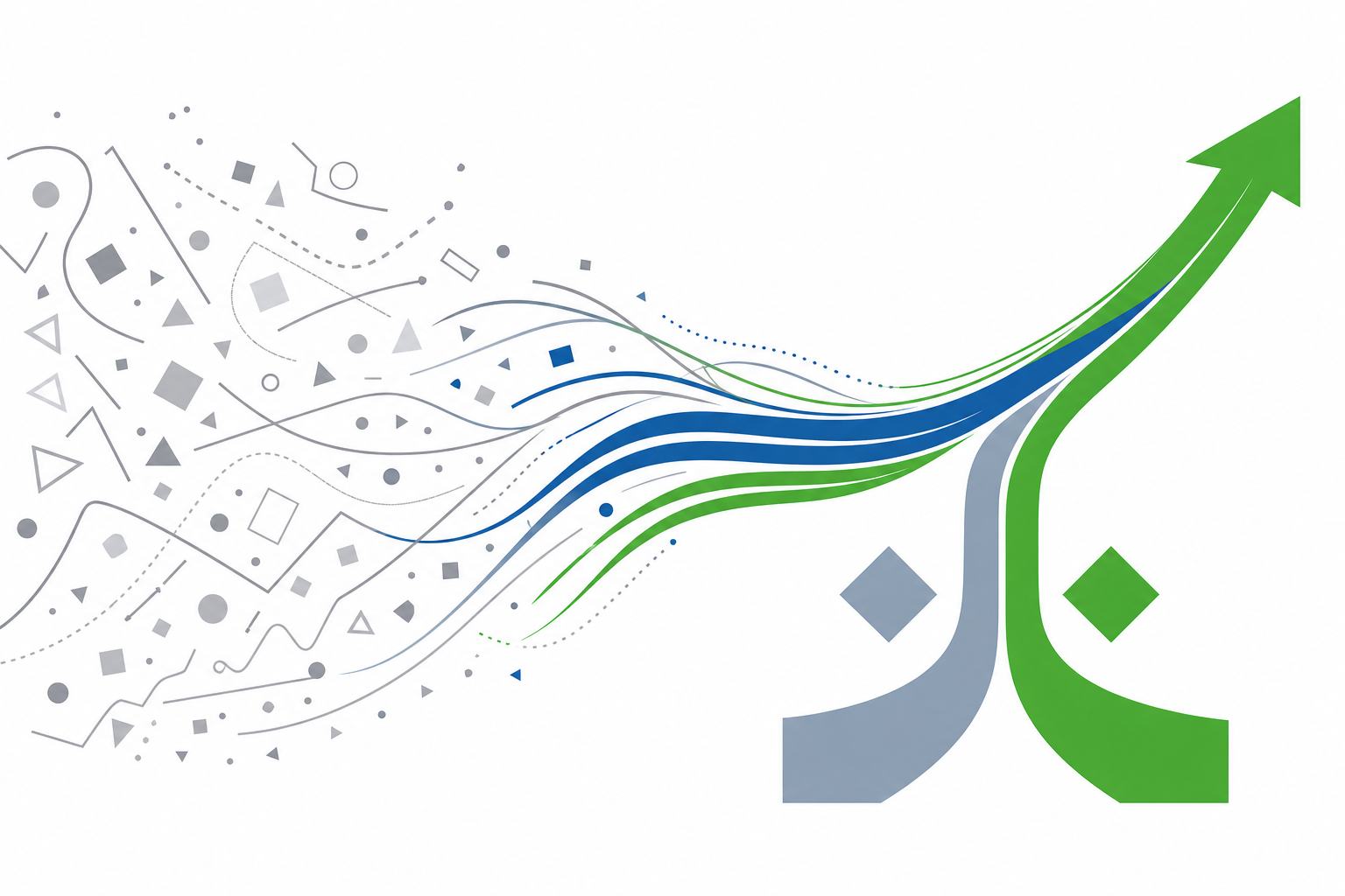 Abstrakte Illustration: graues Durcheinander links löst sich auf, ein grauer und ein grüner Formkontrast verschmelzen rechts zu einem starken blau-grünen Band, Symbolbild für Stärken und Schwächen