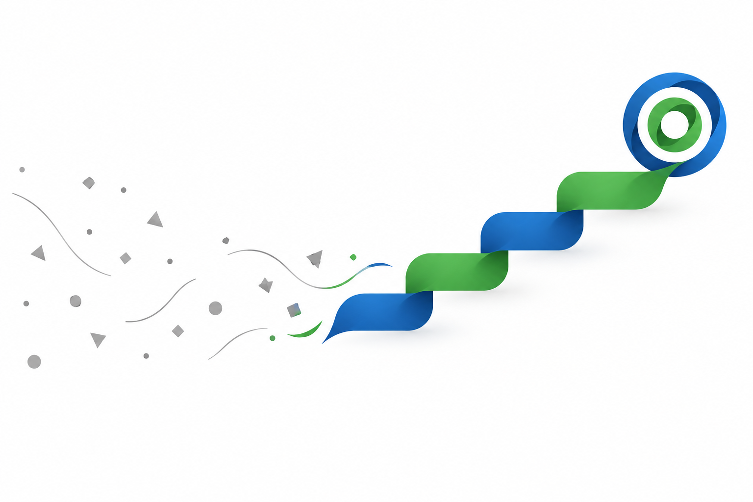 Abstrakte Illustration: links verstreute graue Formen, rechts vier ansteigende blau-grüne Stufen, die zu einem Zielkreis führen, Symbolbild für die vier Schritte der STAR-Methode