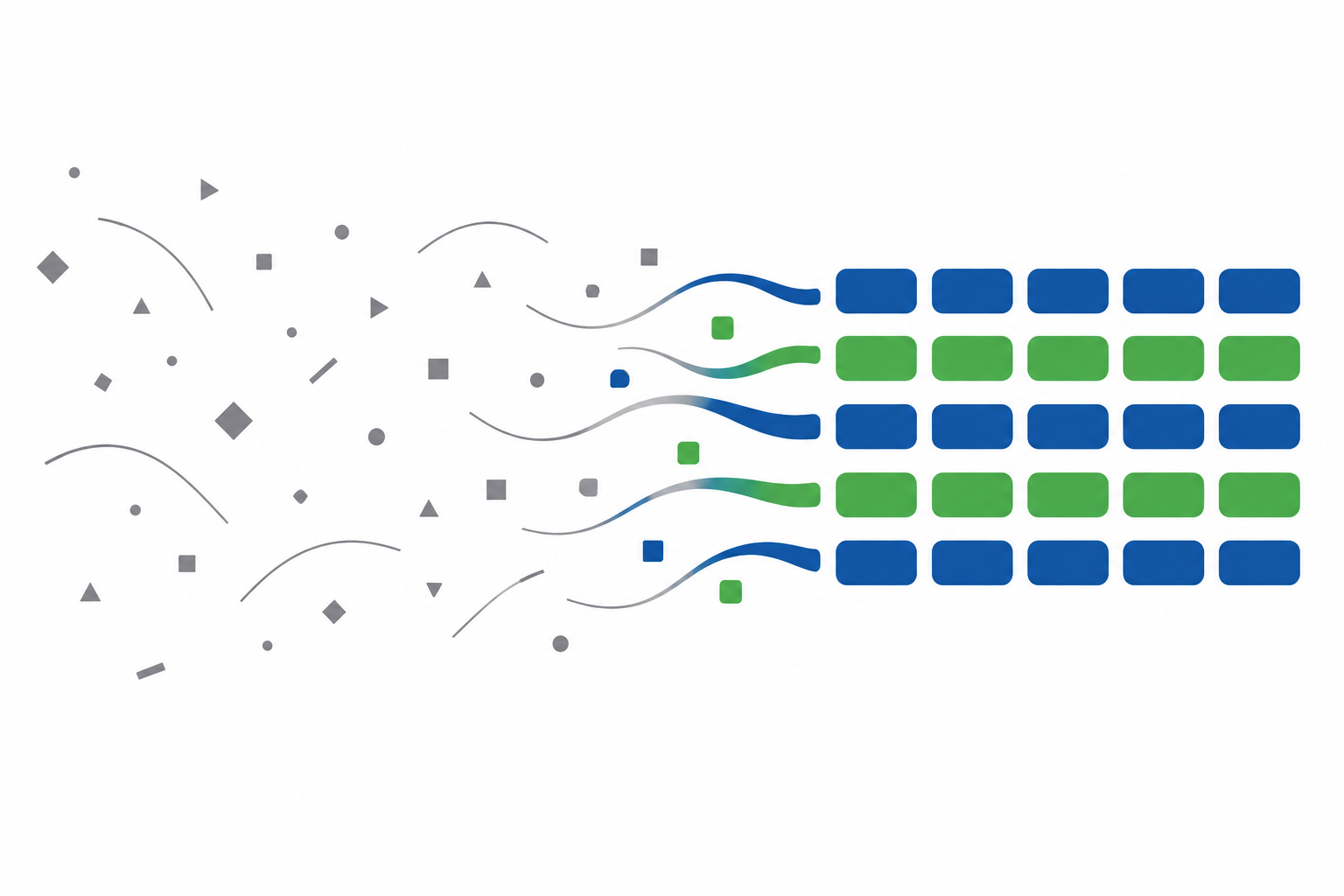 Abstrakte Illustration: links verstreute graue Formen, rechts blau-grüne Bänder in gleich großen, geordneten Abschnitten, Symbolbild für ein strukturiertes Interview
