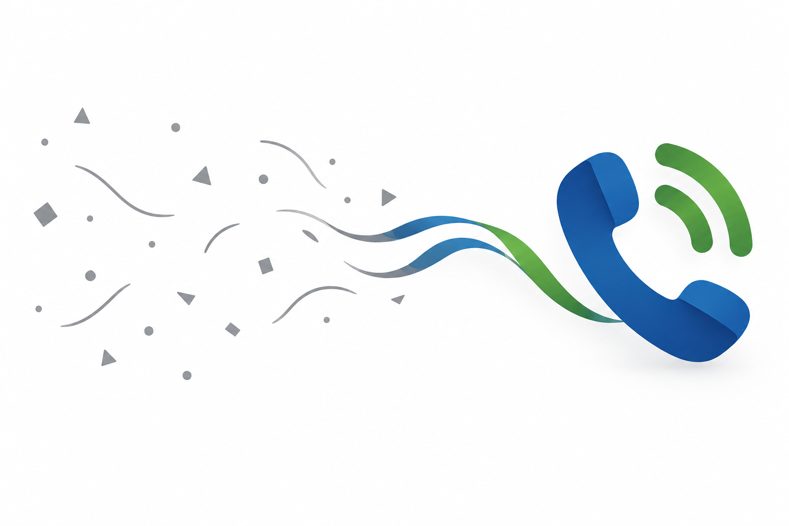 Abstrakte Illustration: links verstreute graue Fragmente, rechts ein blau-grüner Telefonhörer mit zwei Schallwellen, Symbolbild für das Telefoninterview