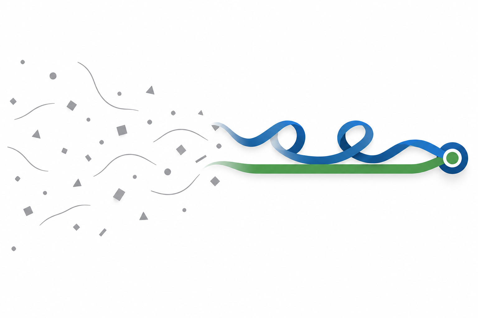 Abstrakte Illustration: links graues Chaos, rechts geordnete blau-grüne Bänder, die sich in zwei Wege teilen, Symbolbild für die Wahl zwischen Traineeprogramm und Direkteinstieg