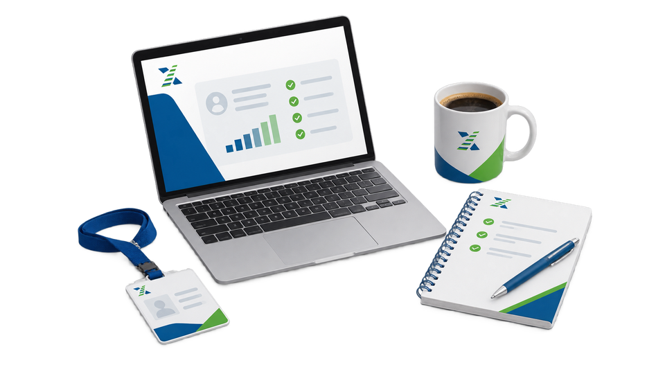 Arbeitsplatz mit Laptop, Checkliste, Ausweis und Kaffeetasse