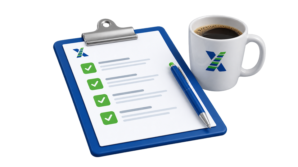 Klemmbrett mit Checkliste und Kaffeetasse