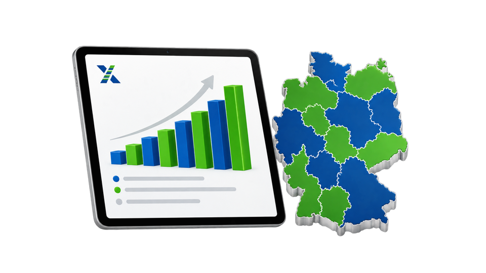Tablet mit Balkendiagramm neben einer stilisierten Deutschlandkarte