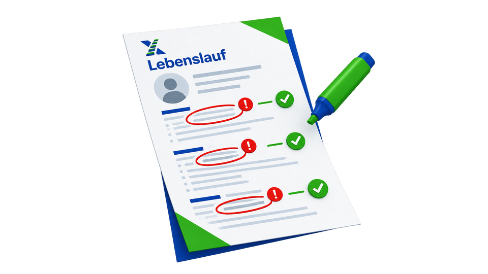 Lebenslauf mit markierten Fehlern und Korrekturhaken